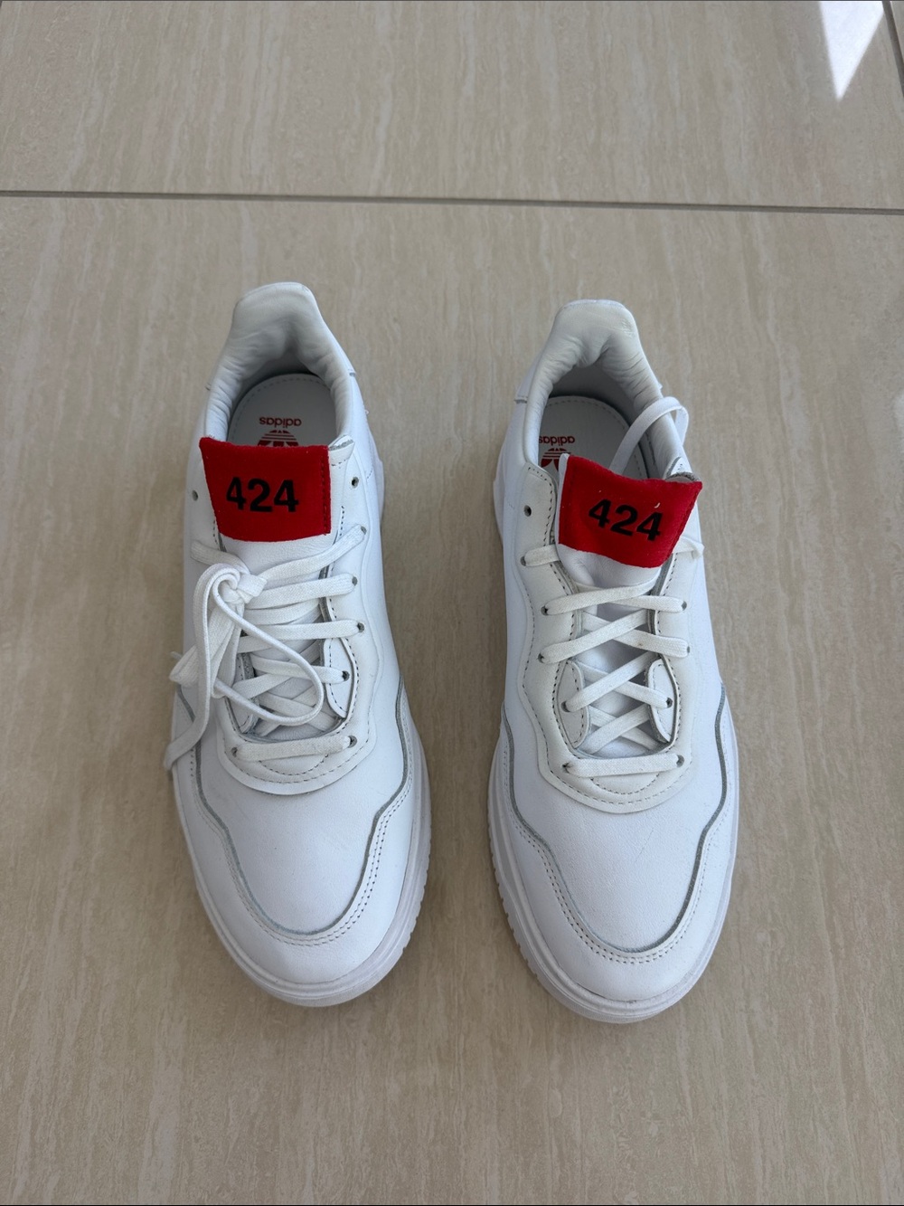424 x Adidas White Leather Men’s Sneakers with Red Tongue Accent